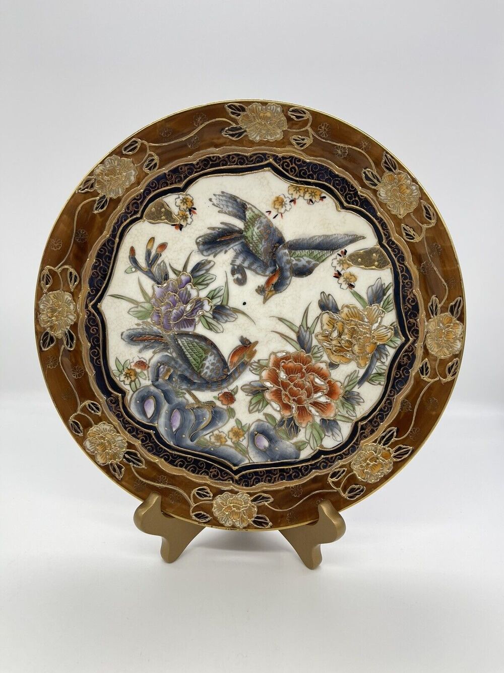 Vintage Chinese Satsuma Plate Collectible with Gold Stand